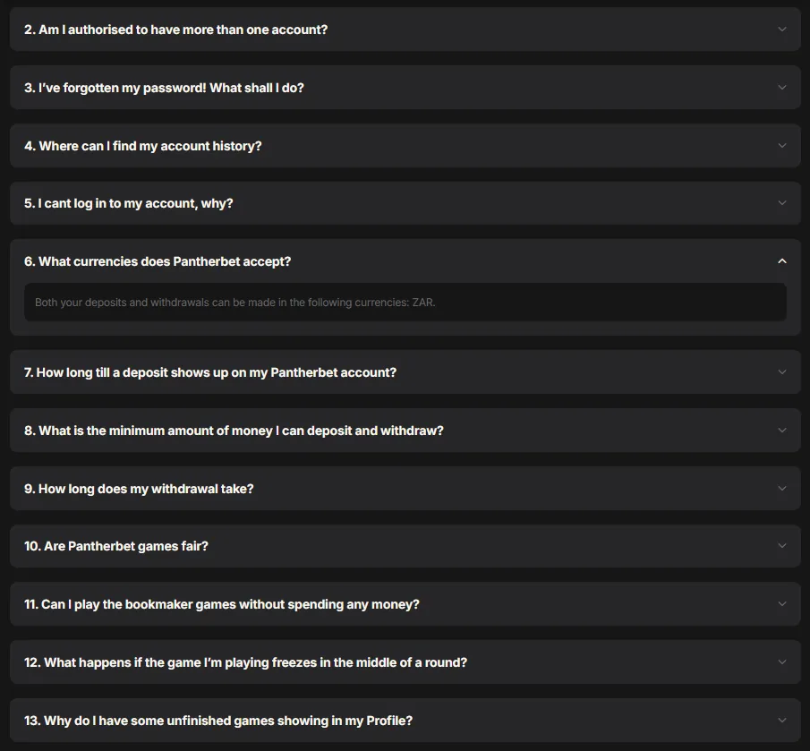 PantherBet FAQ: ZAR