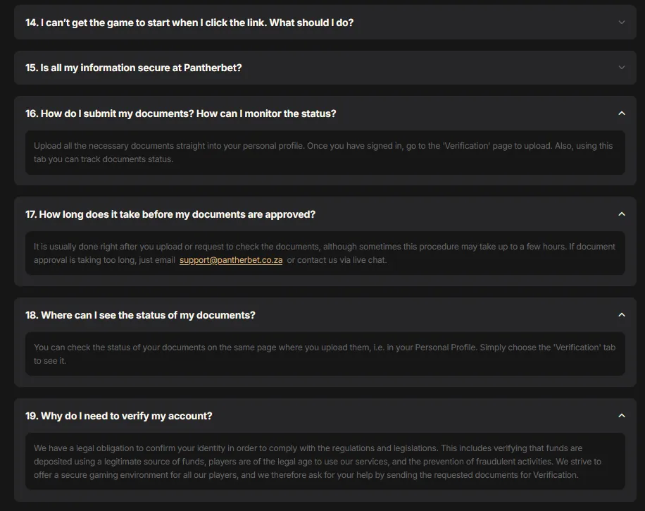 PantherBet FAQ oor verifikasie